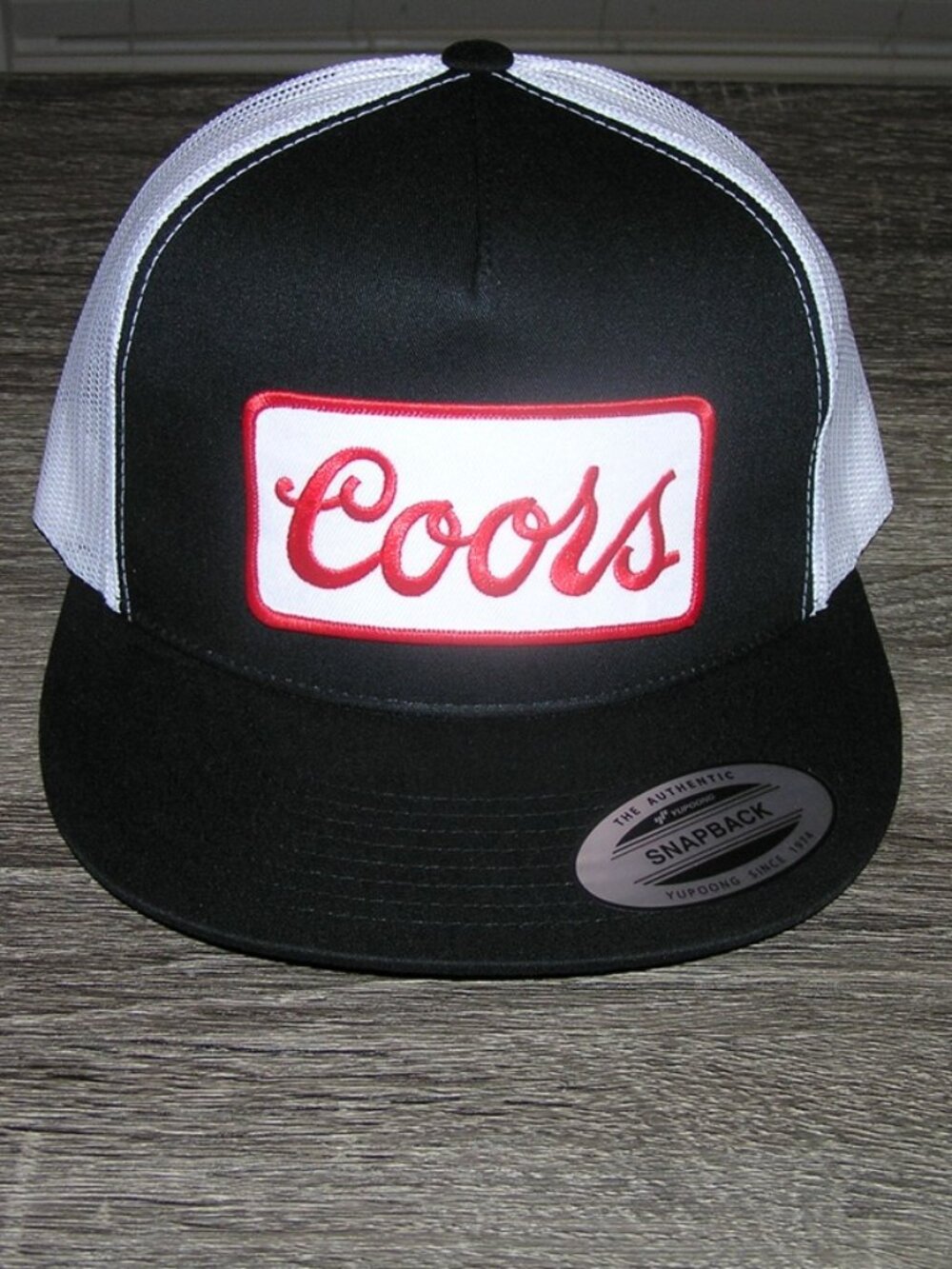 Coors Beer Patch on Trucker Hat Yupoong/YP Classic 6006 Snapback Black/White